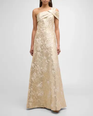 Rickie Freeman for Teri Jon One-Shoulder Metallic Jacquard A-Line Gown | Thumbnail 2 Rickie Freeman for Teri Jon One-Shoulder Metallic Jacquard A-Line Gown | Thumbnail 2