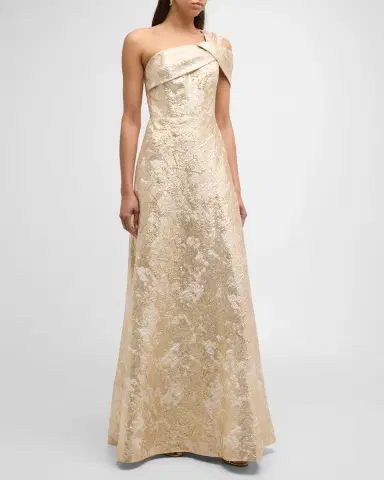 Rickie Freeman for Teri Jon One-Shoulder Metallic Jacquard A-Line Gown | Thumbnail 3 Rickie Freeman for Teri Jon One-Shoulder Metallic Jacquard A-Line Gown | Thumbnail 3