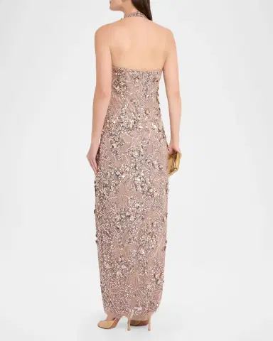 Aidan Mattox Floral Bead and Sequin Halter Column Gown | Thumbnail 3 Aidan Mattox Floral Bead and Sequin Halter Column Gown | Thumbnail 3