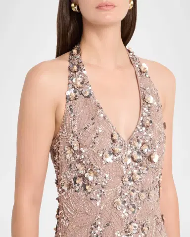 Aidan Mattox Floral Bead and Sequin Halter Column Gown | Thumbnail 5 Aidan Mattox Floral Bead and Sequin Halter Column Gown | Thumbnail 5