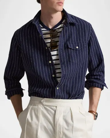 Polo Ralph Lauren Men's Slub Linen Hairline Stripe Button-Down Shirt | Thumbnail 4 Polo Ralph Lauren Men's Slub Linen Hairline Stripe Button-Down Shirt | Thumbnail 4