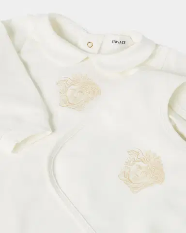 Versace Girl's Medusa Stretch Cotton Jersey Sleepsuit & Bib Set, Size 1M-6M | Thumbnail 3 Versace Girl's Medusa Stretch Cotton Jersey Sleepsuit & Bib Set, Size 1M-6M | Thumbnail 3