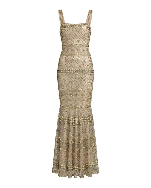 Geometric Beaded Mesh Trumpet Gown Geometric Beaded Mesh Trumpet Gown