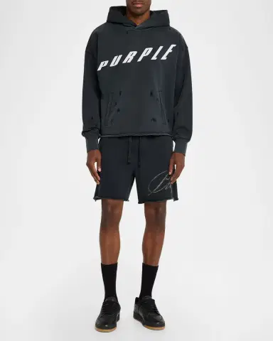 PURPLE Men's Cotton Fleece Raw-Edge Rhinestone Logo Shorts | Thumbnail 2 PURPLE Men's Cotton Fleece Raw-Edge Rhinestone Logo Shorts | Thumbnail 2