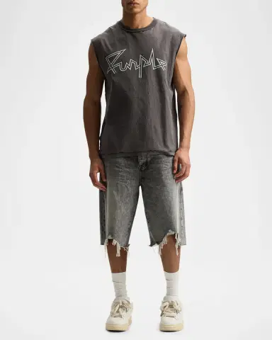 PURPLE Men's Distressed Cotton Sleeveless Logo T-Shirt | Thumbnail 2 PURPLE Men's Distressed Cotton Sleeveless Logo T-Shirt | Thumbnail 2