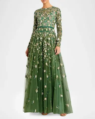 Mac Duggal Petite Long-Sleeve Tulle Fit-and-Flare Gown | Thumbnail 2 Mac Duggal Petite Long-Sleeve Tulle Fit-and-Flare Gown | Thumbnail 2
