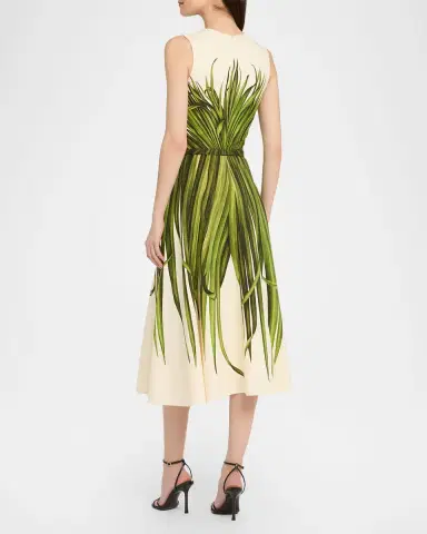 Oscar de la Renta Belted Palm Leaf-Print Midi Dress | Thumbnail 2 Oscar de la Renta Belted Palm Leaf-Print Midi Dress | Thumbnail 2