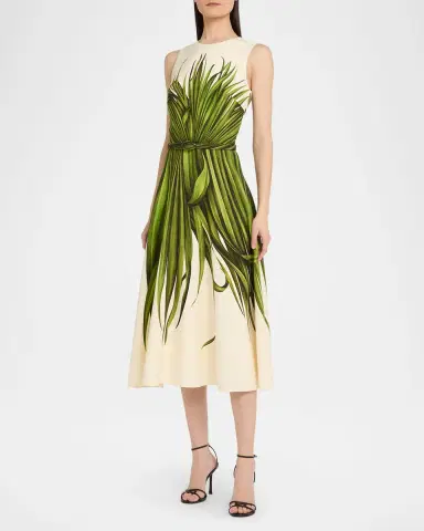 Oscar de la Renta Belted Palm Leaf-Print Midi Dress | Thumbnail 3 Oscar de la Renta Belted Palm Leaf-Print Midi Dress | Thumbnail 3