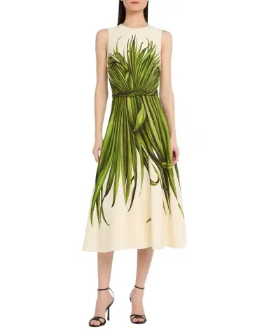 Oscar de la Renta Belted Palm Leaf-Print Midi Dress | Thumbnail 1 Oscar de la Renta Belted Palm Leaf-Print Midi Dress | Thumbnail 1