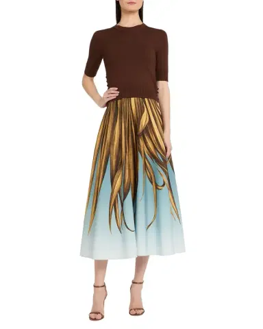 Oscar de la Renta Palm Print A-Line Midi Skirt | Thumbnail 1 Oscar de la Renta Palm Print A-Line Midi Skirt | Thumbnail 1