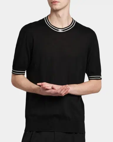 Dolce & Gabbana Men's Nero Silk Knit Ribbed-Logo Trim Crewneck T-Shirt | Thumbnail 3 Dolce & Gabbana Men's Nero Silk Knit Ribbed-Logo Trim Crewneck T-Shirt | Thumbnail 3
