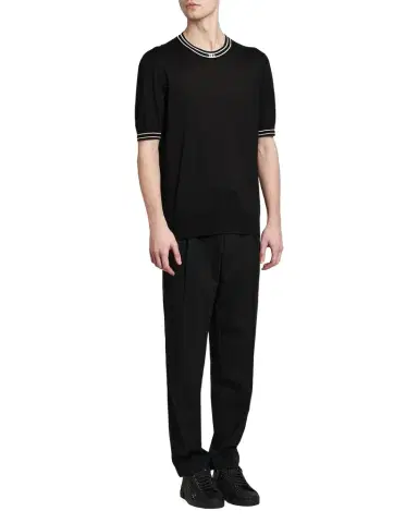 Dolce & Gabbana Men's Nero Silk Knit Ribbed-Logo Trim Crewneck T-Shirt | Thumbnail 1 Dolce & Gabbana Men's Nero Silk Knit Ribbed-Logo Trim Crewneck T-Shirt | Thumbnail 1