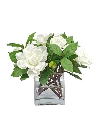 Winward Home Gardenia Jubilation 10" Faux Floral Arrangement in Glass Vase | Thumbnail 1 Winward Home Gardenia Jubilation 10" Faux Floral Arrangement in Glass Vase | Thumbnail 1
