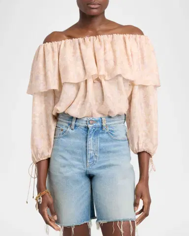 Chloé Flower Print Off-The-Shoulder Silk Top | Thumbnail 3 Chloé Flower Print Off-The-Shoulder Silk Top | Thumbnail 3