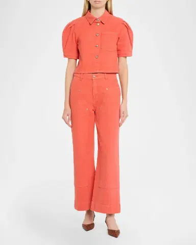 Cinq à Sept Halsie Puff-Sleeve Stretch-Cotton Denim Crop Shirt | Thumbnail 2 Cinq à Sept Halsie Puff-Sleeve Stretch-Cotton Denim Crop Shirt | Thumbnail 2