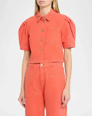 Cinq à Sept Halsie Puff-Sleeve Stretch-Cotton Denim Crop Shirt | Thumbnail 4 Cinq à Sept Halsie Puff-Sleeve Stretch-Cotton Denim Crop Shirt | Thumbnail 4