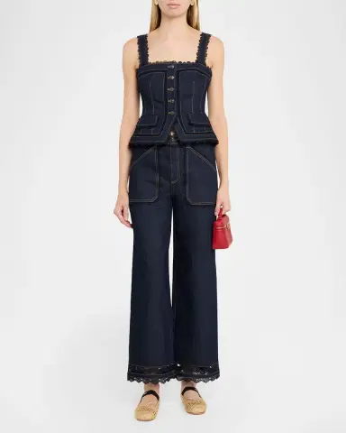 Cinq à Sept Scalloped Lace-Trimmed Wide-Leg Jeans | Thumbnail 2 Cinq à Sept Scalloped Lace-Trimmed Wide-Leg Jeans | Thumbnail 2