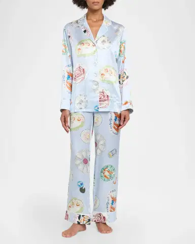 Olivia von Halle Lila Cadiz Seafood-Print Silk Satin Pajama Set | Thumbnail 2 Olivia von Halle Lila Cadiz Seafood-Print Silk Satin Pajama Set | Thumbnail 2