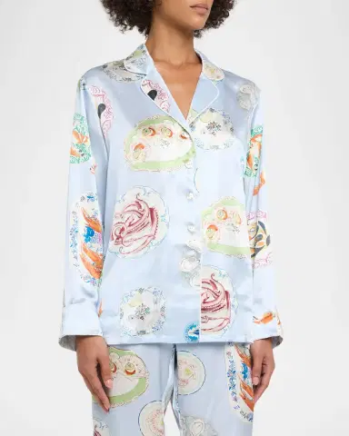 Olivia von Halle Lila Cadiz Seafood-Print Silk Satin Pajama Set | Thumbnail 4 Olivia von Halle Lila Cadiz Seafood-Print Silk Satin Pajama Set | Thumbnail 4
