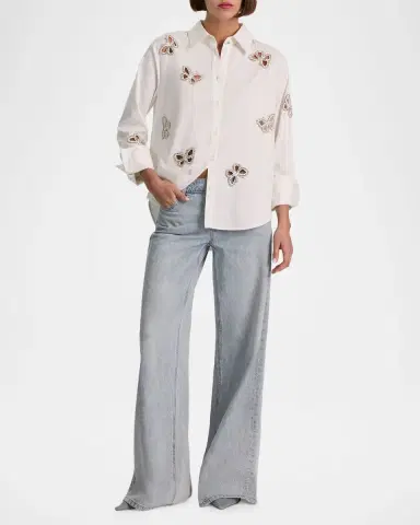 ALICE + OLIVIA Finely Embellished Cutout Button-Front Shirt | Thumbnail 2 ALICE + OLIVIA Finely Embellished Cutout Button-Front Shirt | Thumbnail 2