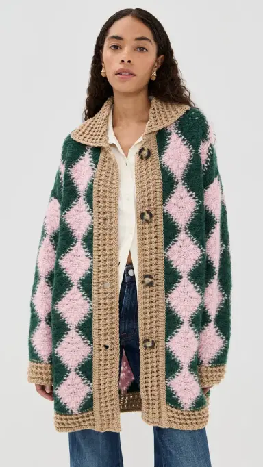 La DoubleJ Crochet Bowling Cardigan ulti Pink/Dark Green/Beige | Thumbnail 2 La DoubleJ Crochet Bowling Cardigan ulti Pink/Dark Green/Beige | Thumbnail 2