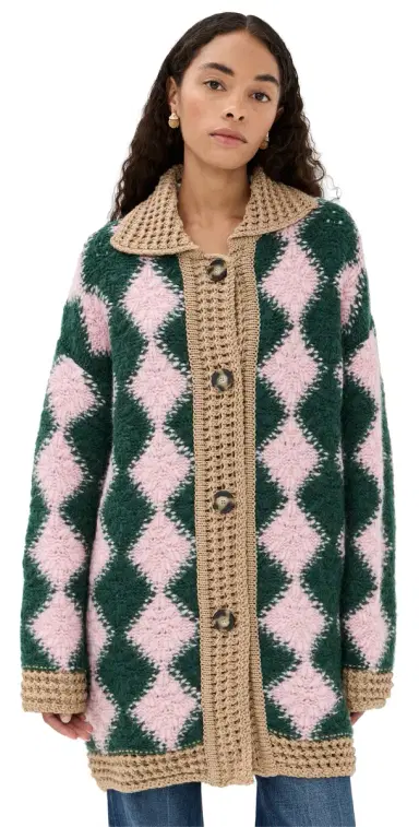 La DoubleJ Crochet Bowling Cardigan ulti Pink/Dark Green/Beige | Thumbnail 1 La DoubleJ Crochet Bowling Cardigan ulti Pink/Dark Green/Beige | Thumbnail 1