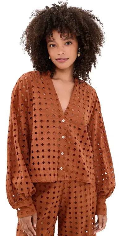 Dress To Brown Castanha Cuffed Eyelet Shirt Brown Castanha | Thumbnail 1 Dress To Brown Castanha Cuffed Eyelet Shirt Brown Castanha | Thumbnail 1