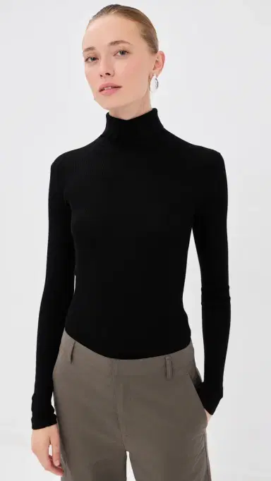 Tibi Featherweight Ribbed plit Neck Turtleneck Sweater Black | Thumbnail 2 Tibi Featherweight Ribbed plit Neck Turtleneck Sweater Black | Thumbnail 2