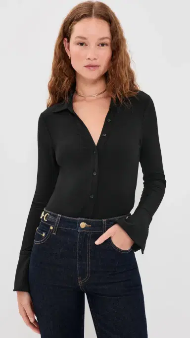Alice + Olivia Freya Fitted Button Down Thong Bodysuit Black M | Thumbnail 2 Alice + Olivia Freya Fitted Button Down Thong Bodysuit Black M | Thumbnail 2