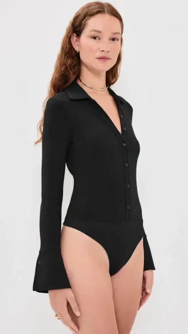 Alice + Olivia Freya Fitted Button Down Thong Bodysuit Black M | Thumbnail 4 Alice + Olivia Freya Fitted Button Down Thong Bodysuit Black M | Thumbnail 4