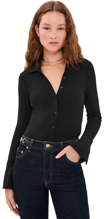 Alice + Olivia Freya Fitted Button Down Thong Bodysuit Black M | Thumbnail 1 Alice + Olivia Freya Fitted Button Down Thong Bodysuit Black M | Thumbnail 1