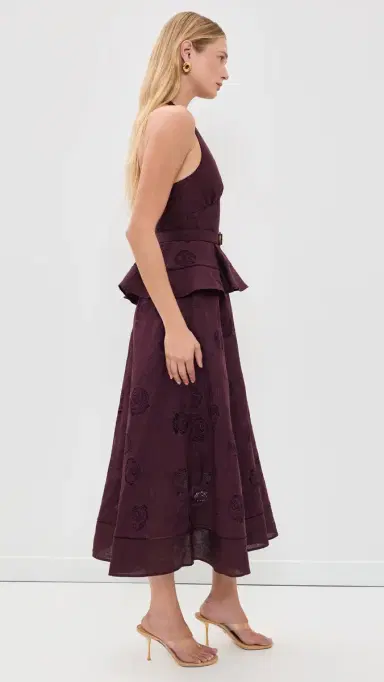 Self Portrait Plum Linen Peplum Midi Dress Burgundy | Thumbnail 4 Self Portrait Plum Linen Peplum Midi Dress Burgundy | Thumbnail 4