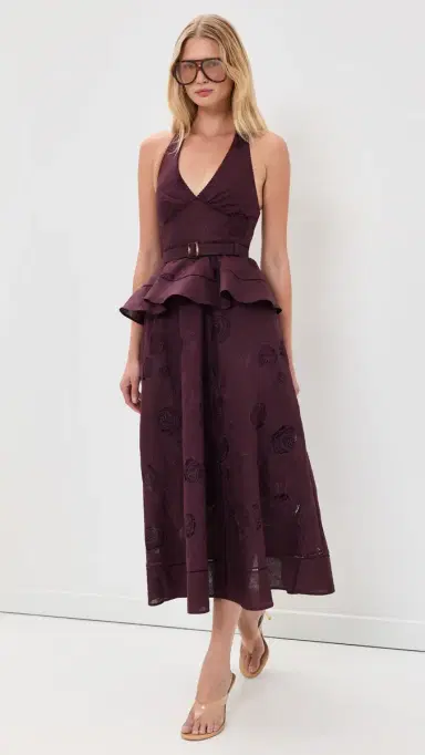 Self Portrait Plum Linen Peplum Midi Dress Burgundy | Thumbnail 5 Self Portrait Plum Linen Peplum Midi Dress Burgundy | Thumbnail 5