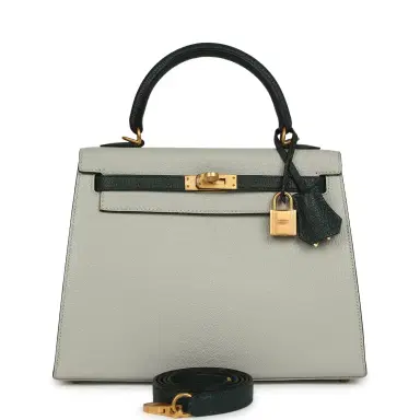 HERMÈS Pre-owned Hermes Special Order (HSS) Kelly Sellier 25 Gris Perle and Vert Titien Chevre Mysore Brushed Gold Hardware | Thumbnail 1 HERMÈS Pre-owned Hermes Special Order (HSS) Kelly Sellier 25 Gris Perle and Vert Titien Chevre Mysore Brushed Gold Hardware | Thumbnail 1