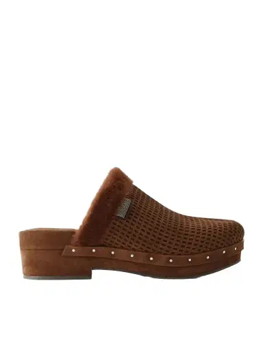 Brunello Cucinelli Bead-embellished Shearling-trimmed Suede Clogs | Thumbnail 1 Brunello Cucinelli Bead-embellished Shearling-trimmed Suede Clogs | Thumbnail 1