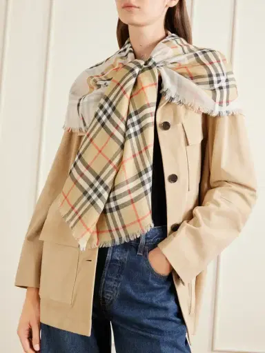 Burberry Frayed Printed Checked Wool And Silk-blend Scarf | Thumbnail 2 Burberry Frayed Printed Checked Wool And Silk-blend Scarf | Thumbnail 2