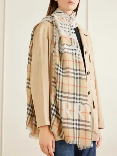 Burberry Frayed Printed Checked Wool And Silk-blend Scarf | Thumbnail 4 Burberry Frayed Printed Checked Wool And Silk-blend Scarf | Thumbnail 4