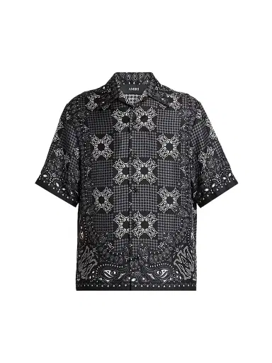 AMIRI Men's Printed Logo Monogram Silk Shirt - Black - Size XS | Thumbnail 1 AMIRI Men's Printed Logo Monogram Silk Shirt - Black - Size XS | Thumbnail 1