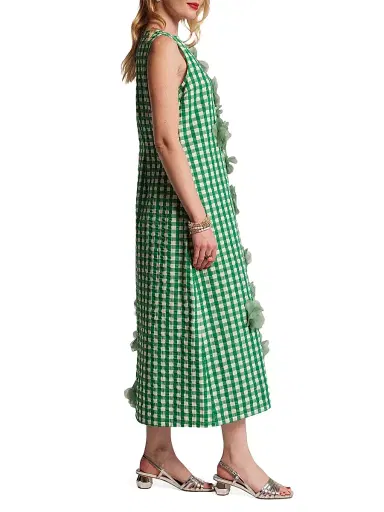 Frances Valentine Women's Origami 3D Floral Appliqué Gingham Midi-Dress - Green Oyster - Size 28 | Thumbnail 2 Frances Valentine Women's Origami 3D Floral Appliqué Gingham Midi-Dress - Green Oyster - Size 28 | Thumbnail 2