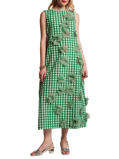 Frances Valentine Women's Origami 3D Floral Appliqué Gingham Midi-Dress - Green Oyster - Size 28 | Thumbnail 1 Frances Valentine Women's Origami 3D Floral Appliqué Gingham Midi-Dress - Green Oyster - Size 28 | Thumbnail 1