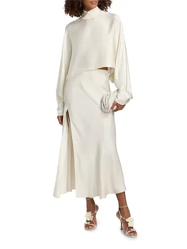 LAPOINTE Women's Satin Caftan Crop Top - Cream | Thumbnail 2 LAPOINTE Women's Satin Caftan Crop Top - Cream | Thumbnail 2