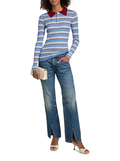 Brandon Maxwell Women's The Joni Knit Polo Top - Blue Stripe - Size Medium | Thumbnail 2 Brandon Maxwell Women's The Joni Knit Polo Top - Blue Stripe - Size Medium | Thumbnail 2