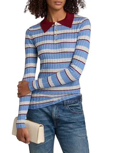 Brandon Maxwell Women's The Joni Knit Polo Top - Blue Stripe - Size Medium | Thumbnail 3 Brandon Maxwell Women's The Joni Knit Polo Top - Blue Stripe - Size Medium | Thumbnail 3