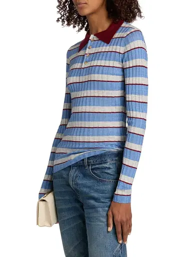 Brandon Maxwell Women's The Joni Knit Polo Top - Blue Stripe - Size Medium | Thumbnail 4 Brandon Maxwell Women's The Joni Knit Polo Top - Blue Stripe - Size Medium | Thumbnail 4