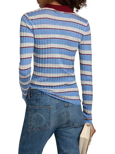 Brandon Maxwell Women's The Joni Knit Polo Top - Blue Stripe - Size Medium | Thumbnail 5 Brandon Maxwell Women's The Joni Knit Polo Top - Blue Stripe - Size Medium | Thumbnail 5