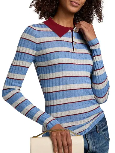 Brandon Maxwell Women's The Joni Knit Polo Top - Blue Stripe - Size Medium | Thumbnail 6 Brandon Maxwell Women's The Joni Knit Polo Top - Blue Stripe - Size Medium | Thumbnail 6
