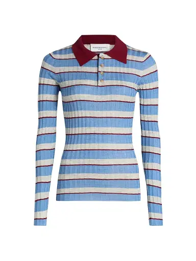Brandon Maxwell Women's The Joni Knit Polo Top - Blue Stripe - Size Medium | Thumbnail 1 Brandon Maxwell Women's The Joni Knit Polo Top - Blue Stripe - Size Medium | Thumbnail 1