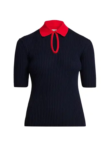 Jil Sander Women's Rib-Knit Wool Polo Shirt - Pencil Blue - Size 10 | Thumbnail 1 Jil Sander Women's Rib-Knit Wool Polo Shirt - Pencil Blue - Size 10 | Thumbnail 1