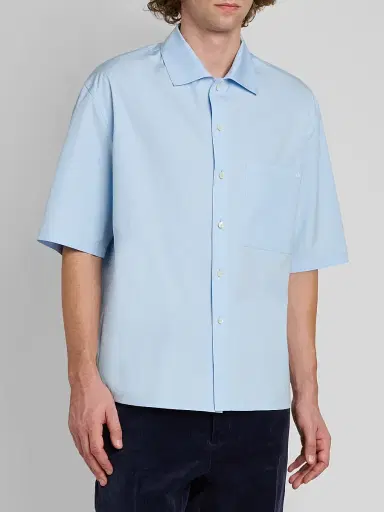 Jil Sander Men's Embroidered Logo Cotton Poplin Short-Sleeve Button-Front Shirt - Powder Blue | Thumbnail 4 Jil Sander Men's Embroidered Logo Cotton Poplin Short-Sleeve Button-Front Shirt - Powder Blue | Thumbnail 4