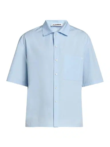 Jil Sander Men's Embroidered Logo Cotton Poplin Short-Sleeve Button-Front Shirt - Powder Blue | Thumbnail 1 Jil Sander Men's Embroidered Logo Cotton Poplin Short-Sleeve Button-Front Shirt - Powder Blue | Thumbnail 1